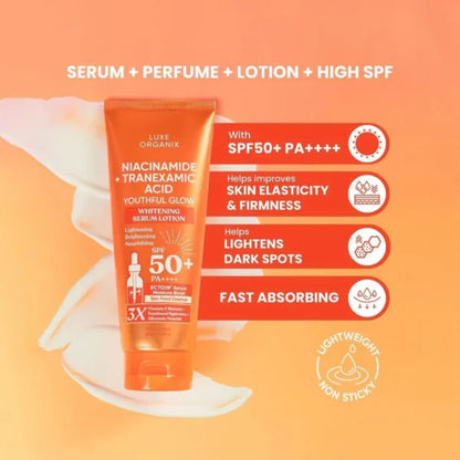 Luxe Organix Niacinamide + Tranexamic Acid Youthful Glow Whitening Serum Lotion SPF 50+ PA++++ – 200ml