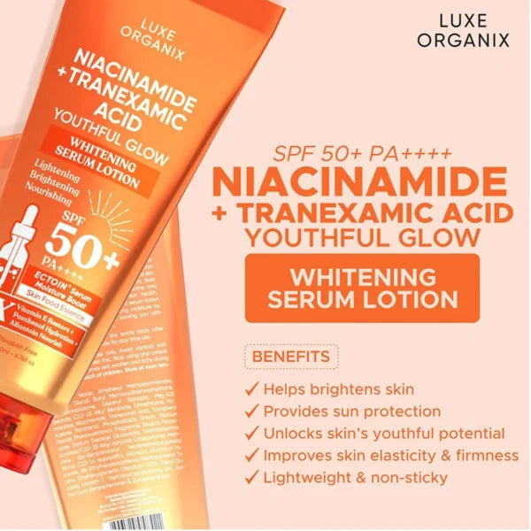 Luxe Organix Niacinamide + Tranexamic Acid Youthful Glow Whitening Serum Lotion SPF 50+ PA++++ – 200ml