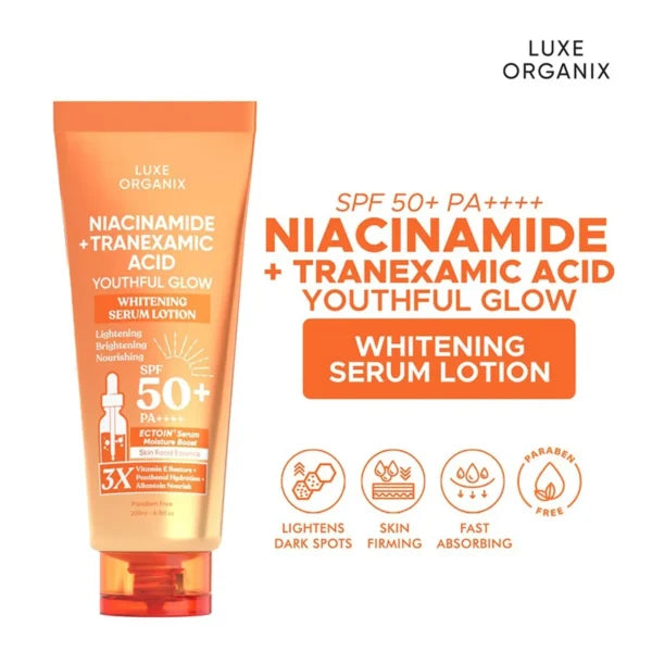 Luxe Organix Niacinamide + Tranexamic Acid Youthful Glow Whitening Serum Lotion SPF 50+ PA++++ – 200ml