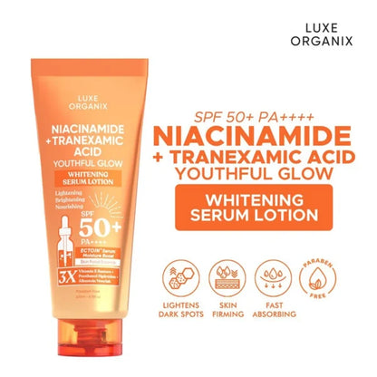 Luxe Organix Niacinamide + Tranexamic Acid Youthful Glow Whitening Serum Lotion SPF 50+ PA++++ – 200ml