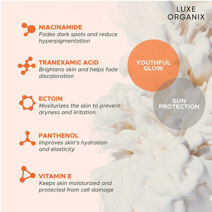 Luxe Organix Niacinamide + Tranexamic Acid Youthful Glow Whitening Serum Lotion SPF 50+ PA++++ – 200ml