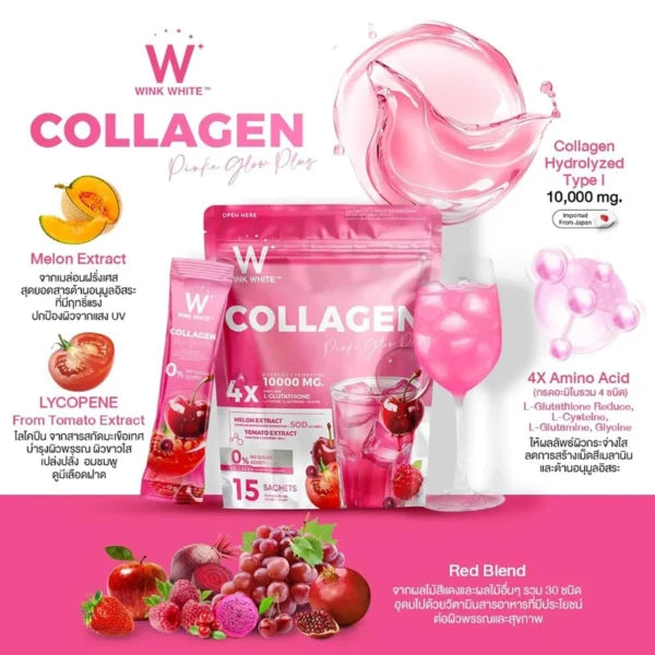 Wink White Collagen Pink Glow Plus 4x L-Glutathione Dipeptide Tripeptide 10000MG – 15 Sachets