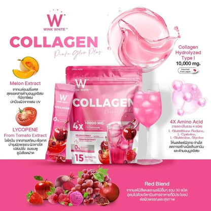 Wink White Collagen Pink Glow Plus 4x L-Glutathione Dipeptide Tripeptide 10000MG – 15 Sachets