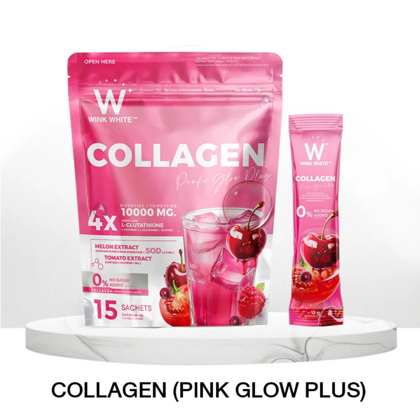 Wink White Collagen Pink Glow Plus 4x L-Glutathione Dipeptide Tripeptide 10000MG – 15 Sachets